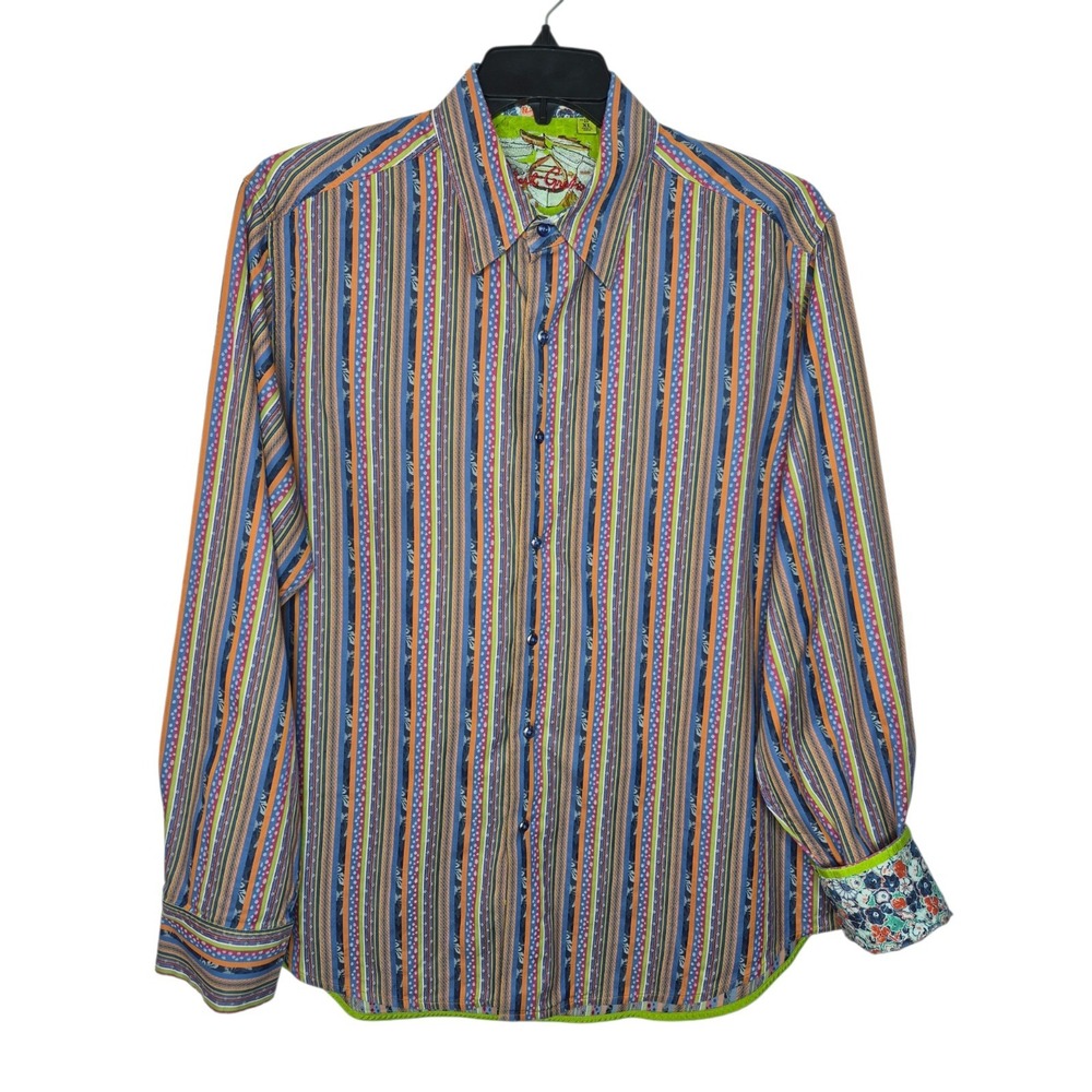 Robert Graham Striped Dot Flip Cuff Button Down Shirt Mens XL 25x31